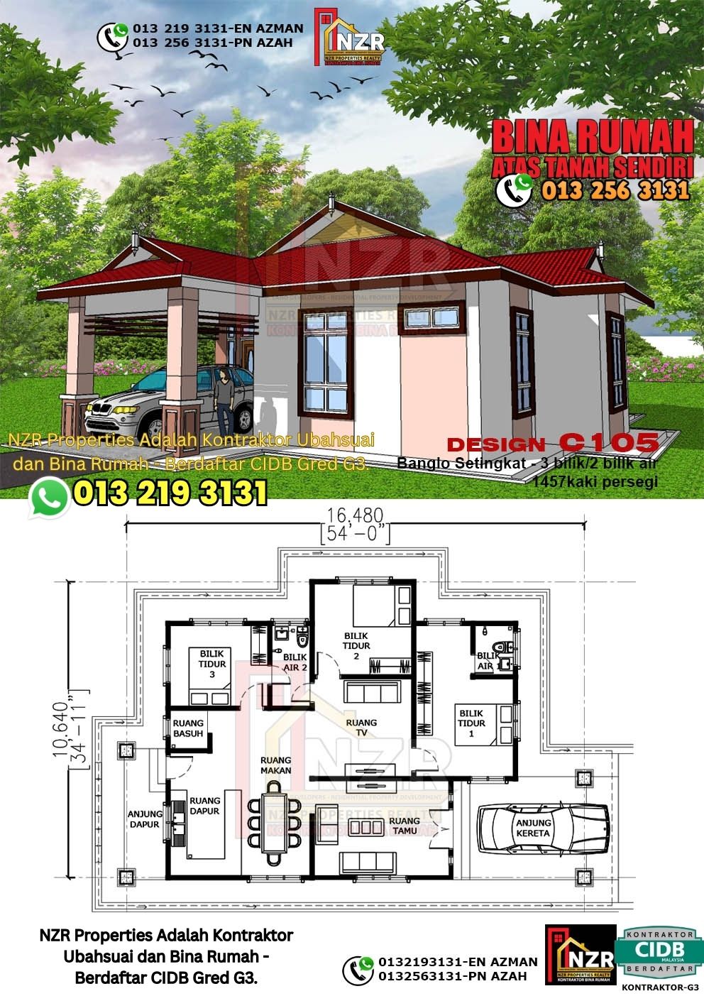 Design 5-Kod C105-Banglo Setingkat - 3Bilik &2 Bilik Air-Size Rumah 1457kps
