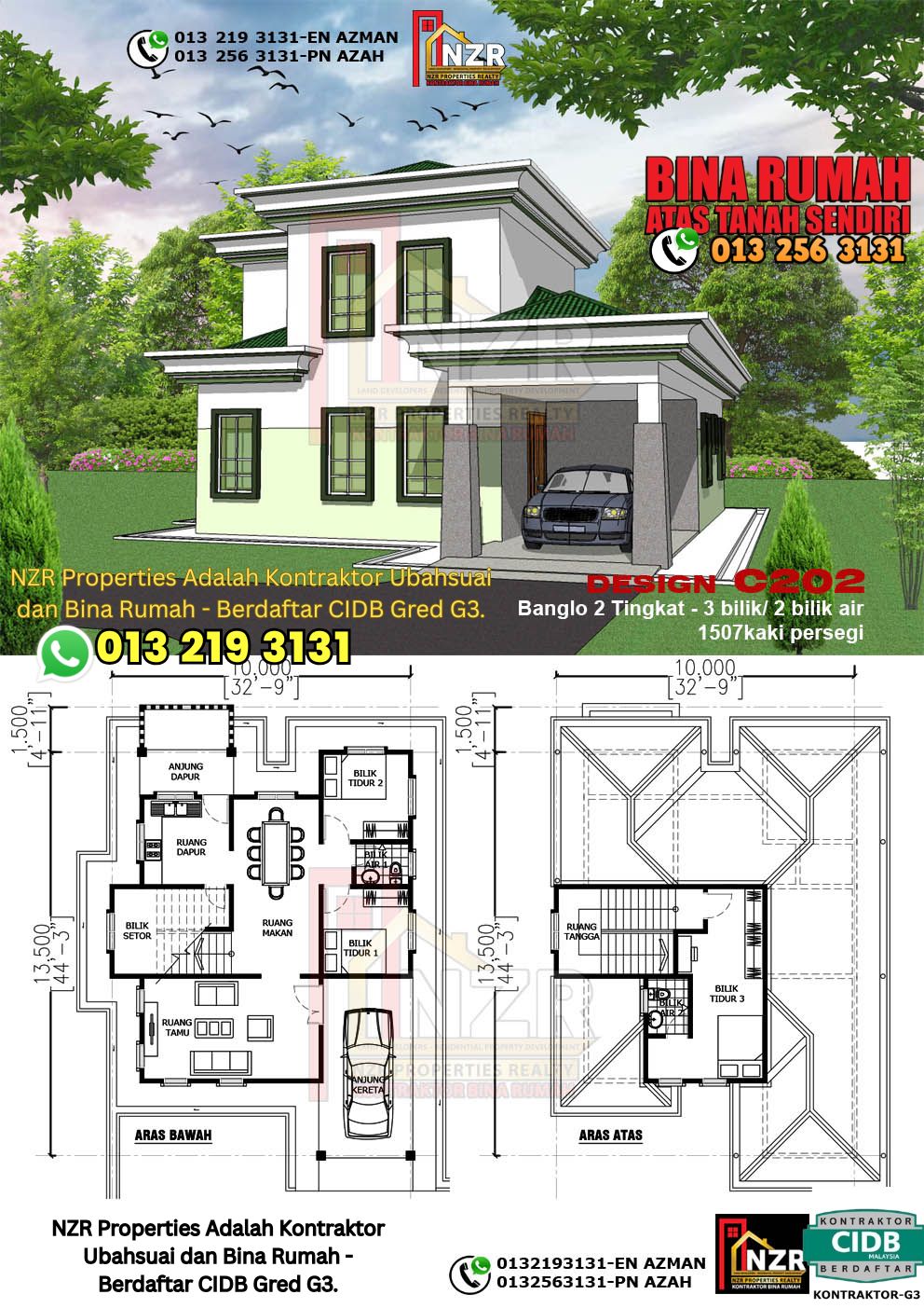 Design 5-Kod C202-Design Rumah Dua Tingkat -3Bilik &2Bilik Air-Size Rumah 1507kps
