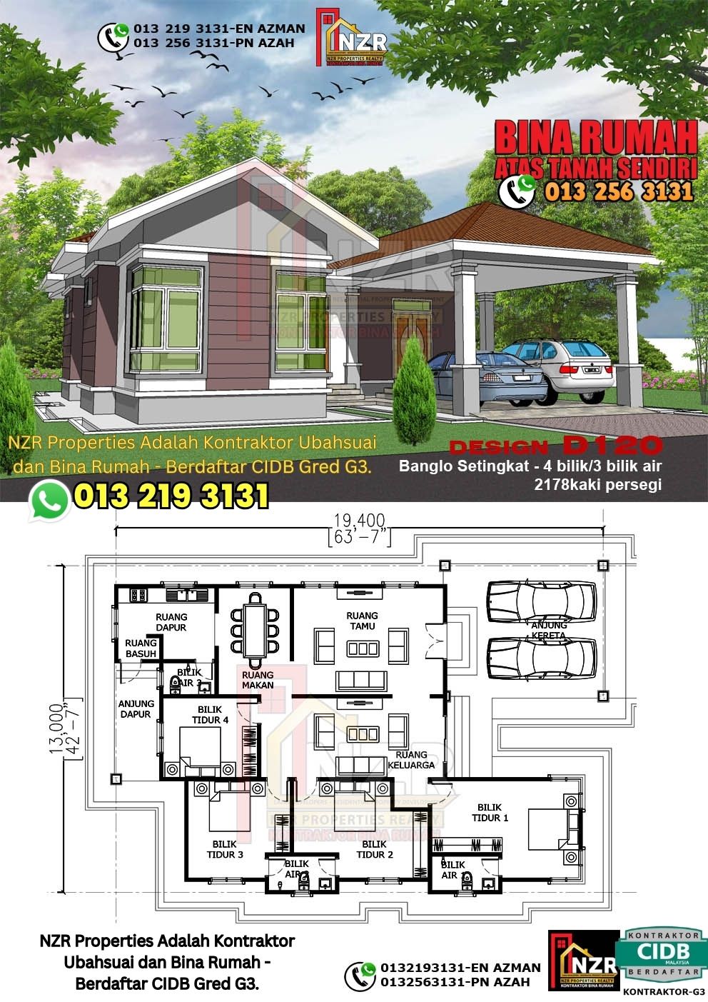 Design 5-Kod D120-Banglo Setingkat - 4Bilik &3 Bilik Air-Size Rumah 2178kps
