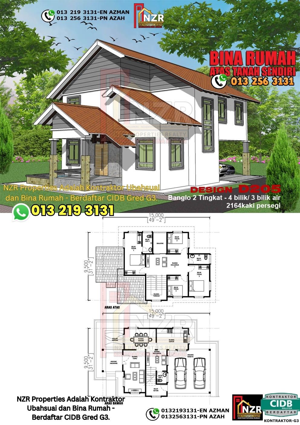 Design 5-Kod D205-Design Rumah Dua Tingkat -4 Bilik & 3 Bilik Air-Size Rumah 2164kps