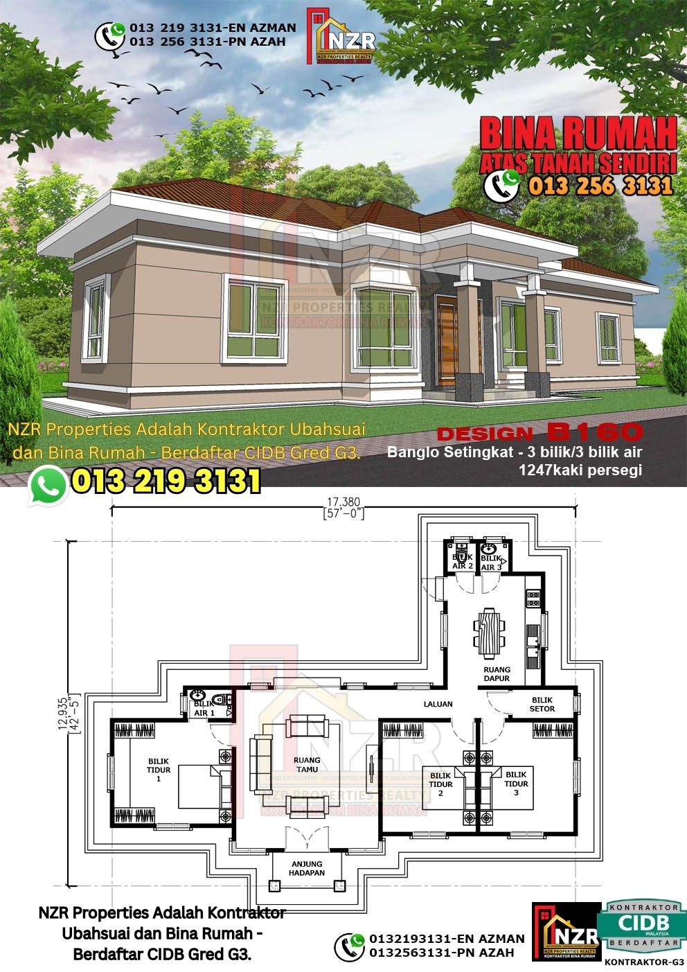 Design 47-Kod B160-Banglo Setingkat - 3Bilik &3 Bilik Air-Size Rumah 1247kps