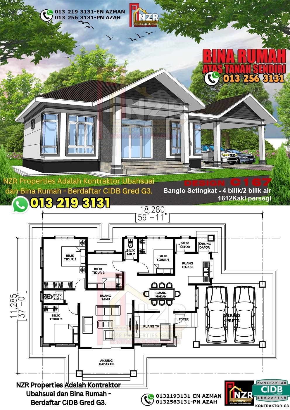 Design 50-Kod C167-Banglo Setingkat - 4Bilik &2 Bilik Air-Size Rumah 1612kps