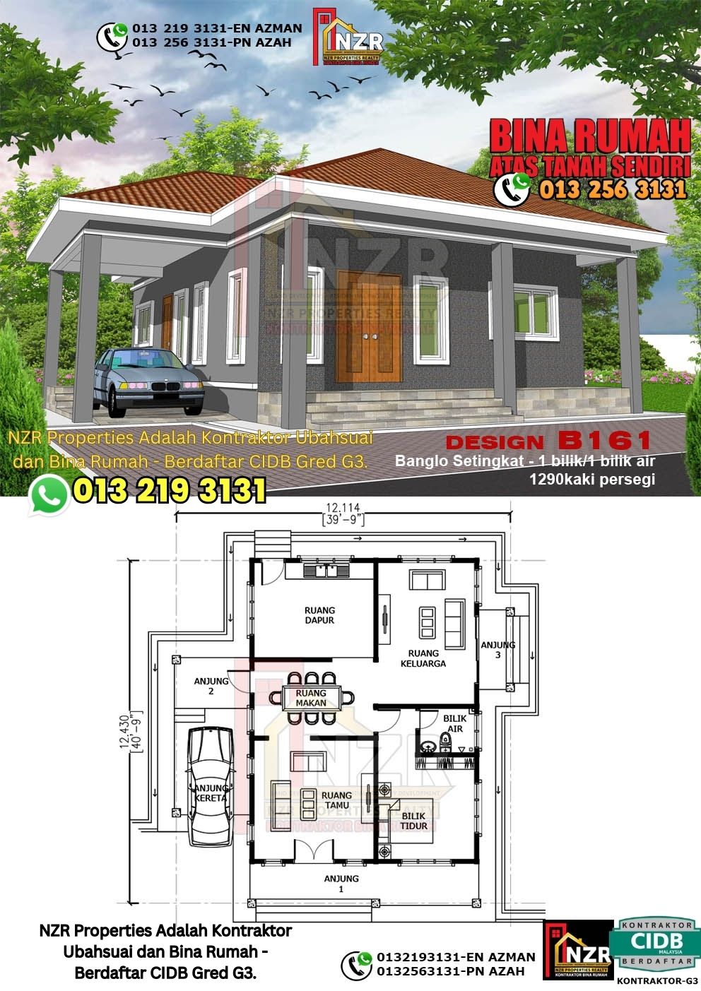 Design 48-Kod B161-Banglo Setingkat - 1 Bilik &1 Bilik Air-Size Rumah 1290kps