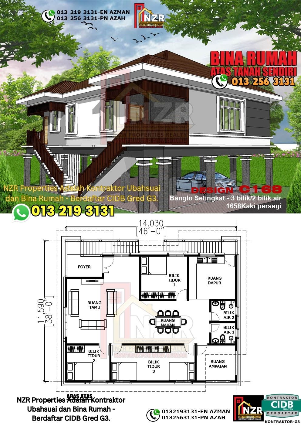 Design 51-Kod C168-Banglo Setingkat - 3Bilik &2 Bilik Air-Size Rumah 1658kps