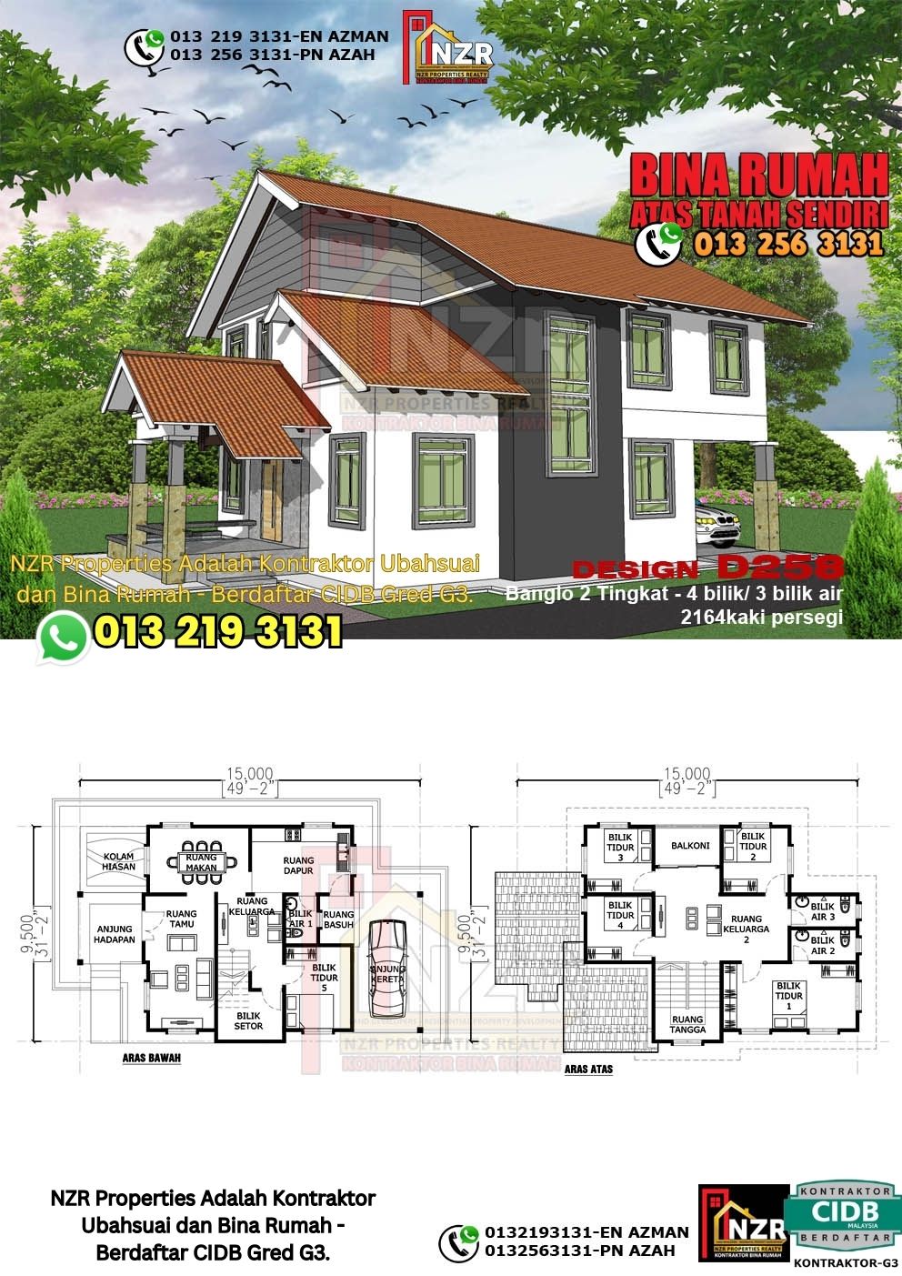 Design 51-Kod D258-Design Rumah Dua Tingkat -4Bilik &3Bilik Air-Size Rumah 2164kps