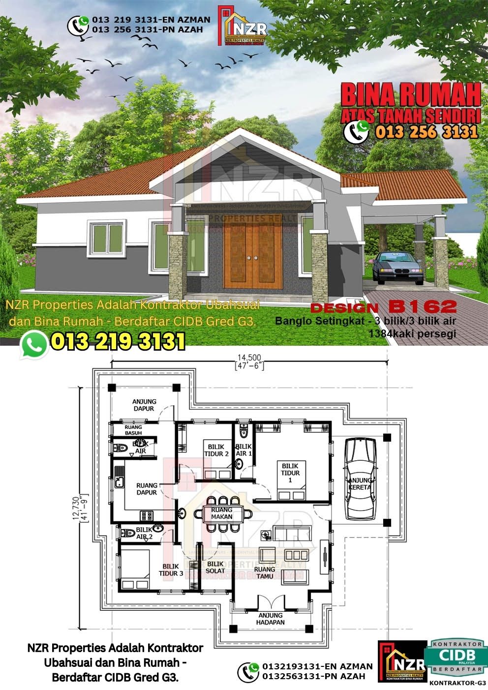 Design 49-Kod B162-Banglo Setingkat - 3Bilik &3 Bilik Air-Size Rumah 1384kps