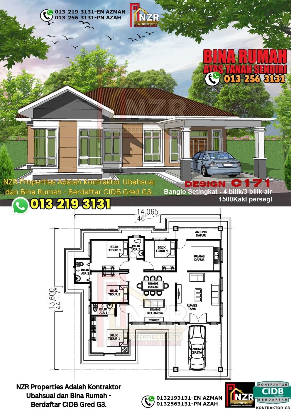 Design 52-Kod C171-Banglo Setingkat - 4Bilik &3 Bilik Air-Size Rumah 1500kps