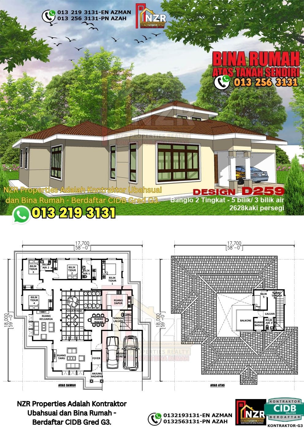 Design 52-Kod D259-Design Rumah Dua Tingkat -5Bilik &3Bilik Air-Size Rumah 2628kps