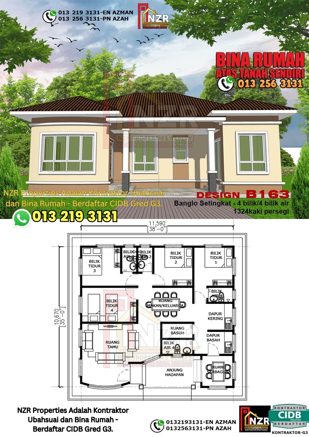 Design 50-Kod B163-Banglo Setingkat - 4Bilik &4 Bilik Air-Size Rumah 1324kps