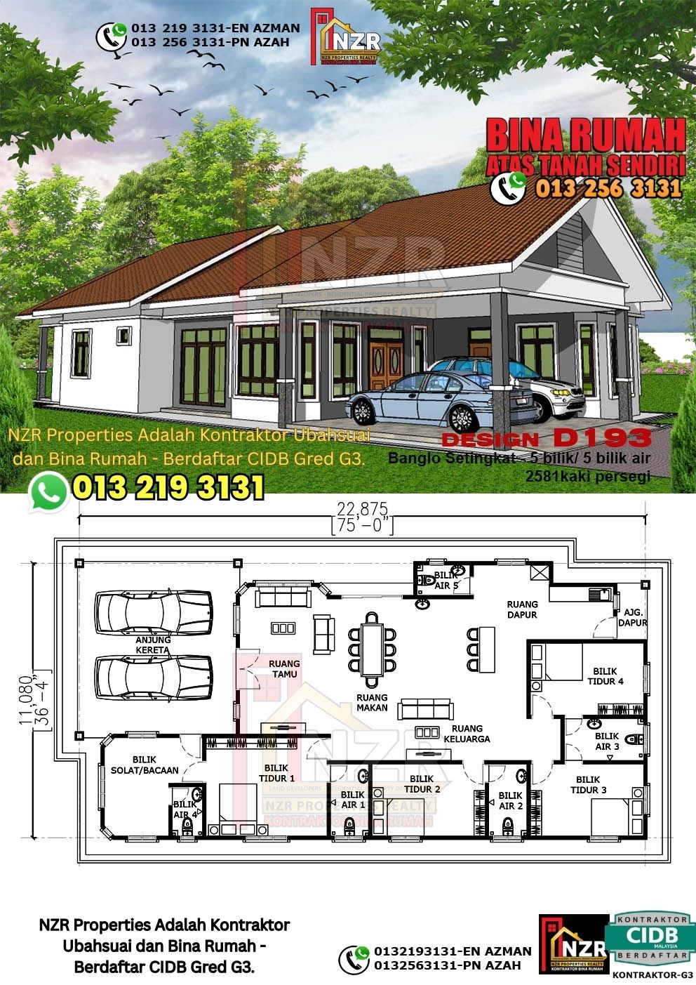 Design 53-Kod D193-Banglo Setingkat - 5Bilik & 5Bilik Air-Size Rumah 2581kps
