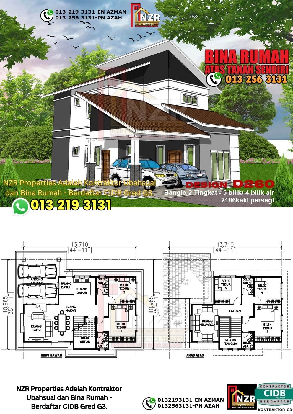 Design 53-Kod D260-Design Rumah Dua Tingkat -5Bilik &4Bilik Air-Size Rumah 2186kps