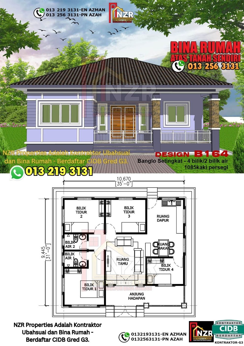 Design 51-Kod B164-Banglo Setingkat - 4Bilik &2 Bilik Air-Size Rumah 1085kps