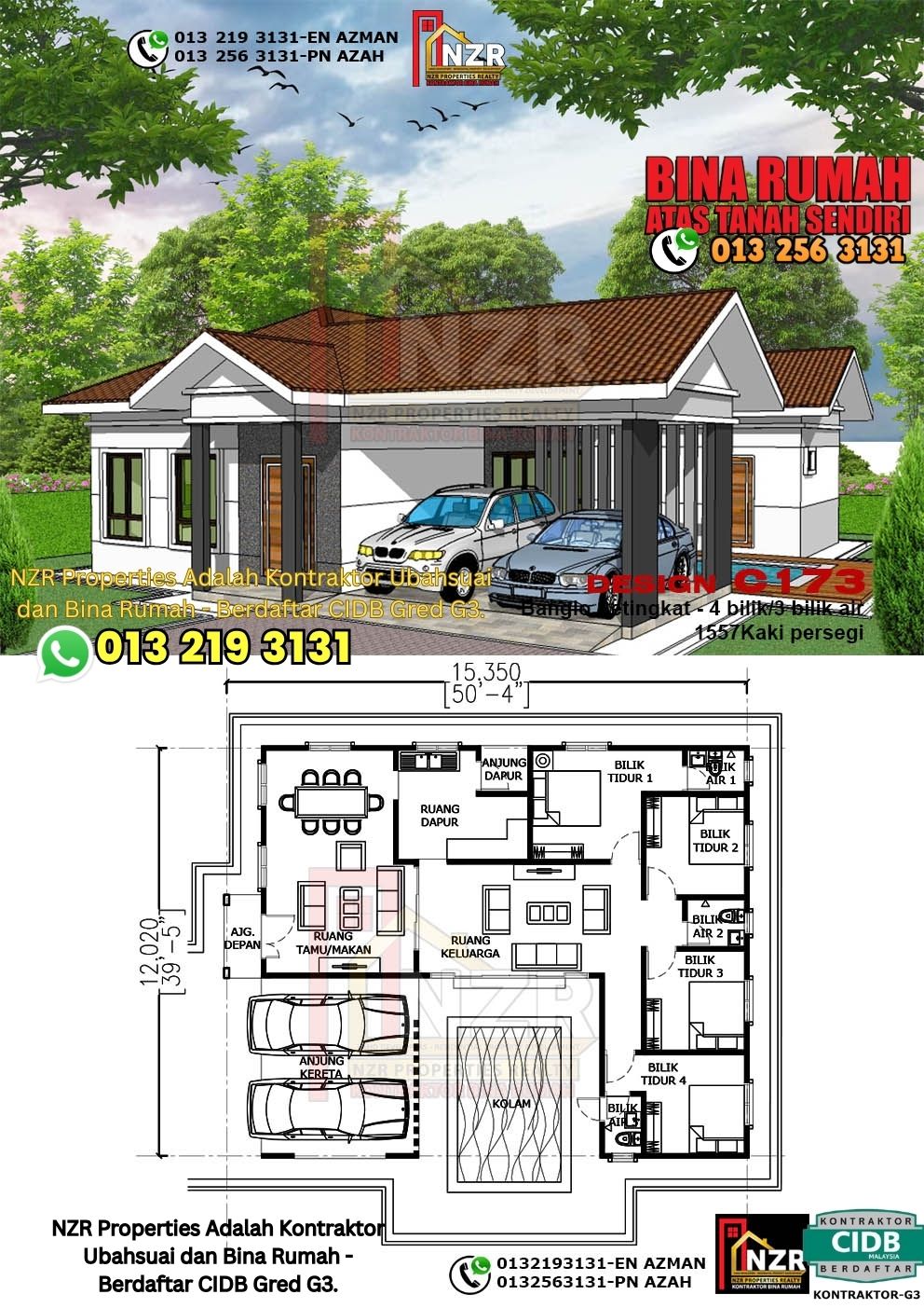 Design 54-Kod C173-Banglo Setingkat - 4Bilik &3 Bilik Air-Size Rumah 1557kps 