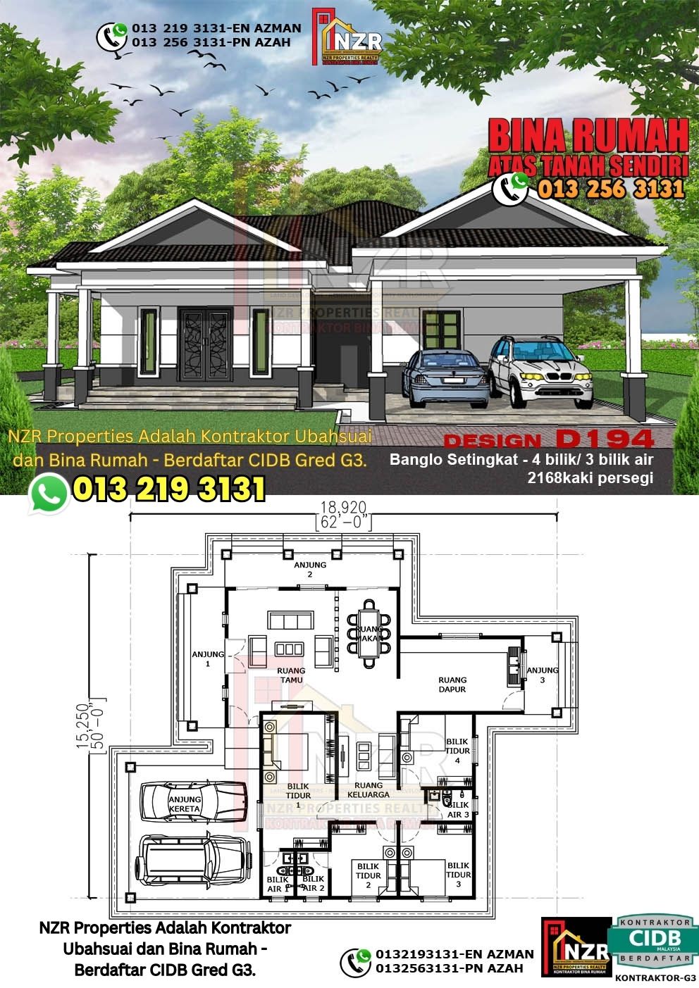 Design 54-Kod D194-Banglo Setingkat - 4Bilik &3Bilik Air-Size Rumah 2168kps
