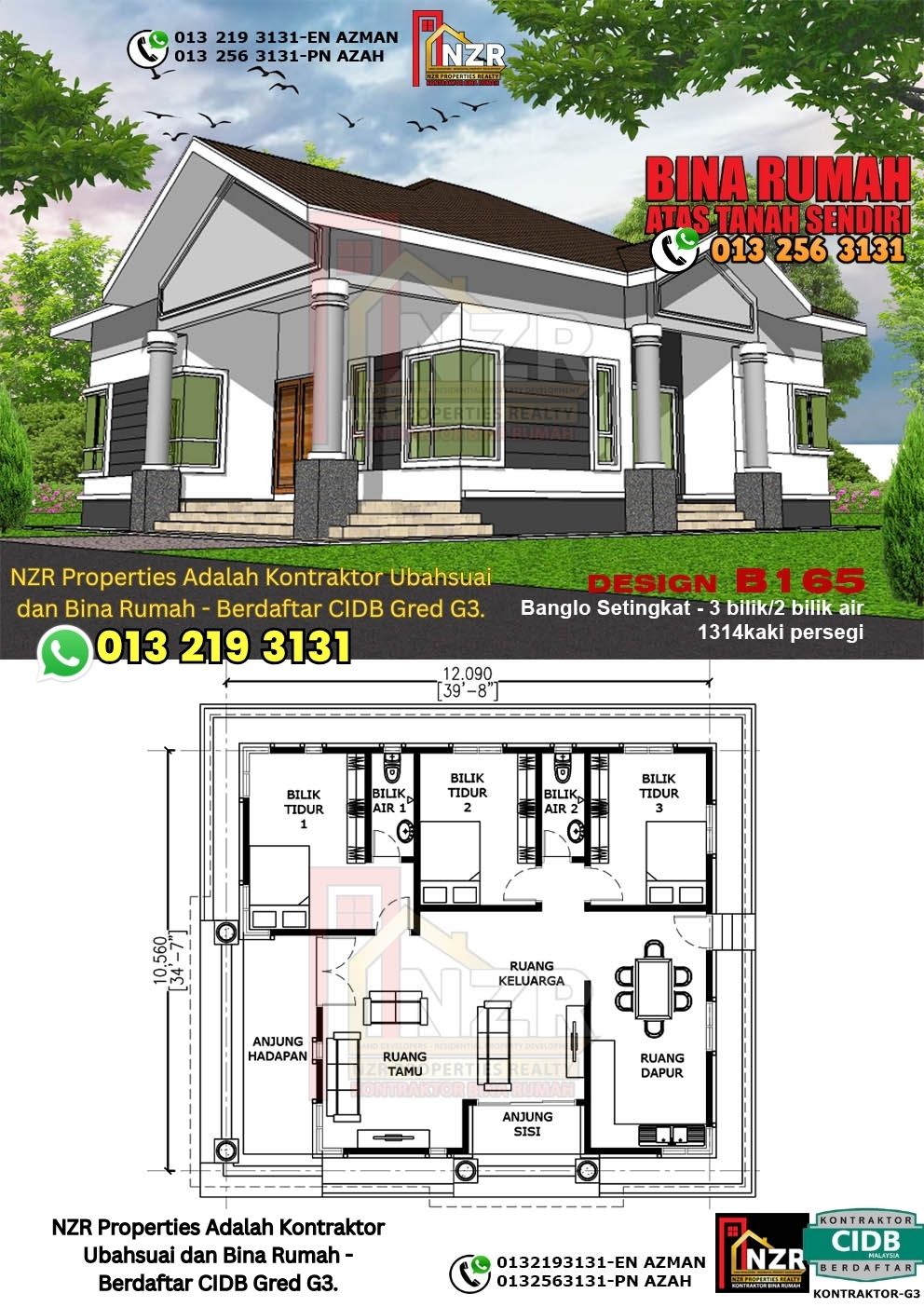 Design 52-Kod B165-Banglo Setingkat - 3Bilik &2 Bilik Air-Size Rumah 1314kps