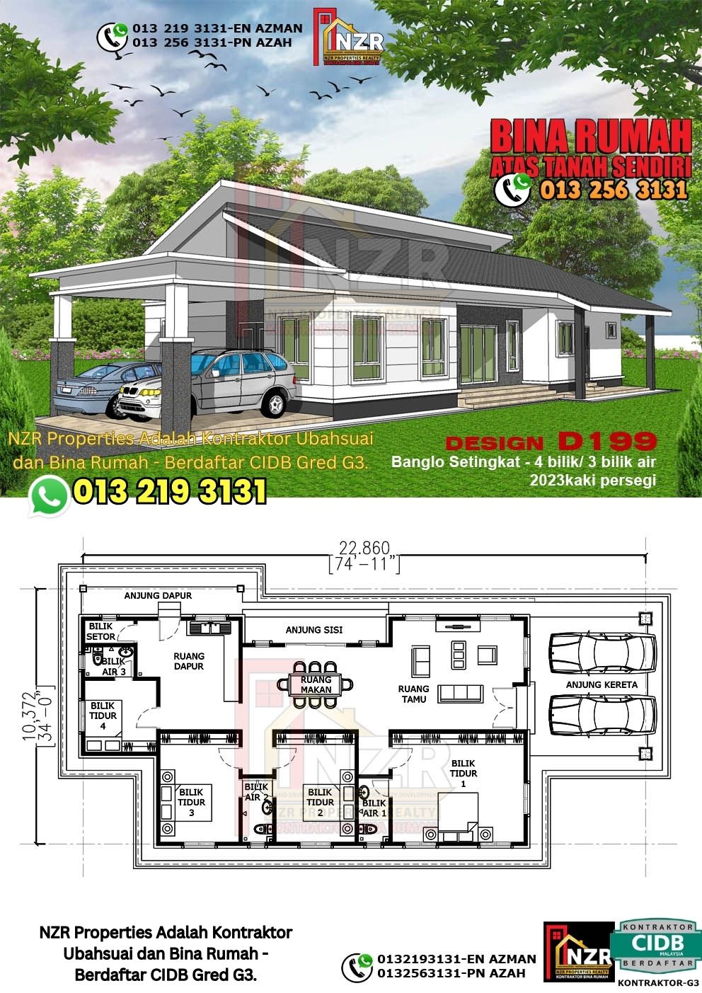Design 55-Kod D199-Banglo Setingkat - 4Bilik &3Bilik Air-Size Rumah 2023kps
