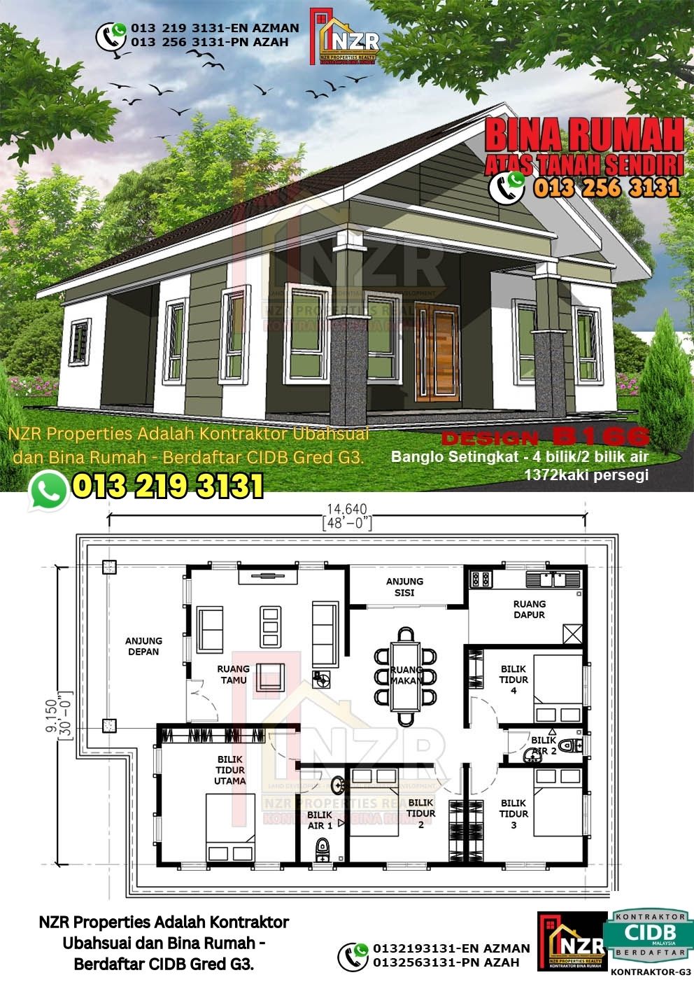 Design 53-Kod B166-Banglo Setingkat - 4Bilik &2 Bilik Air-Size Rumah 1372kps