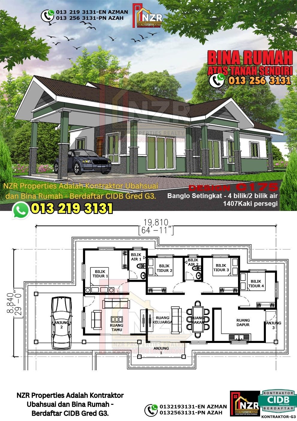 Design 56-Kod C175-Banglo Setingkat - 4Bilik &2 Bilik Air-Size Rumah 1407kps