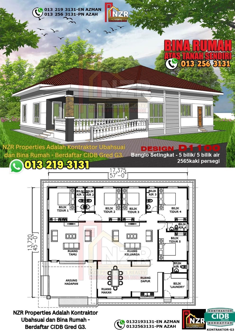 Design 56-Kod D1100-Banglo Setingkat - 5Bilik & 5Bilik Air-Size Rumah 2565kps