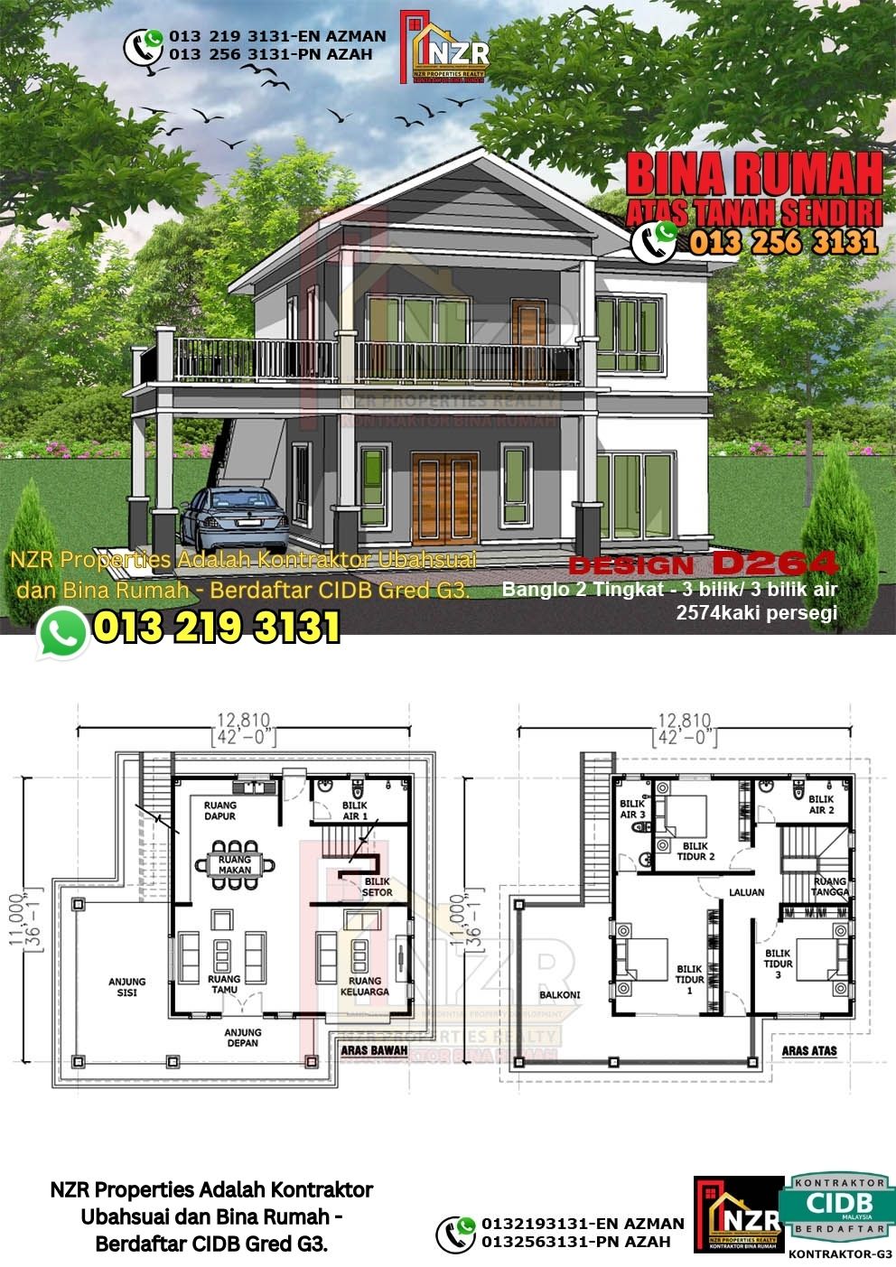 Design 56-Kod D264-Design Rumah Dua Tingkat -3Bilik &3Bilik Air-Size Rumah 2574kps