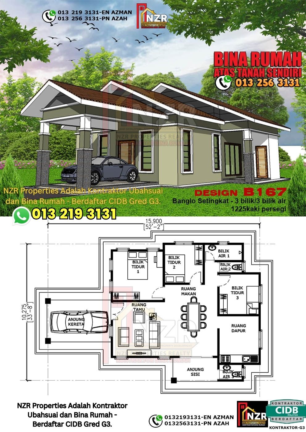 Design 54-Kod B167-Banglo Setingkat - 3Bilik &3 Bilik Air-Size Rumah 1225kps