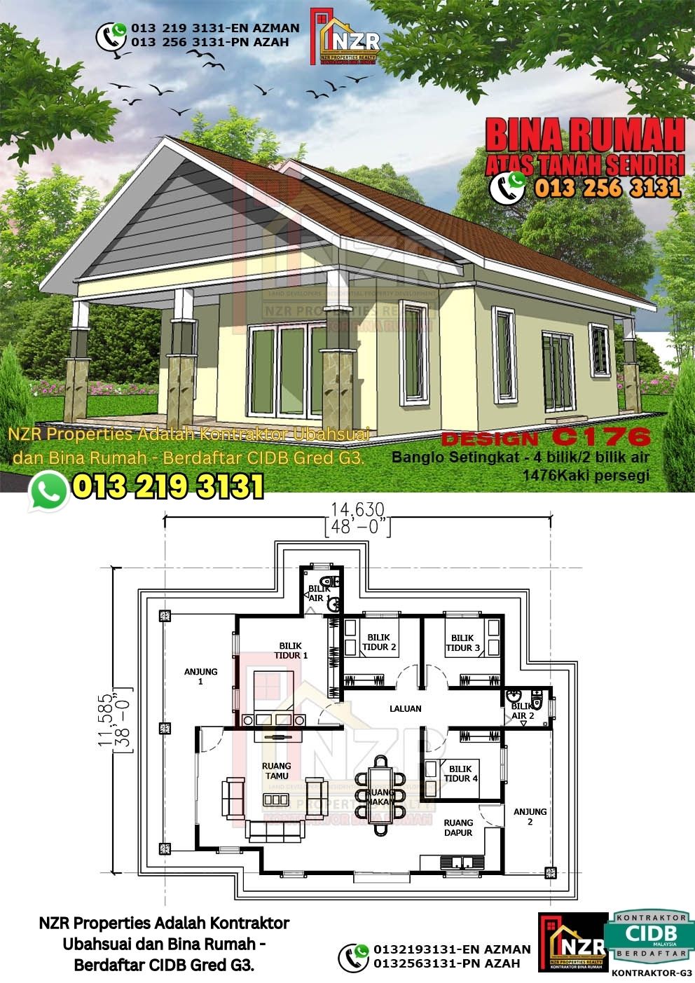Design 57-Kod C176-Banglo Setingkat - 4Bilik &2 Bilik Air-Size Rumah 1476kps