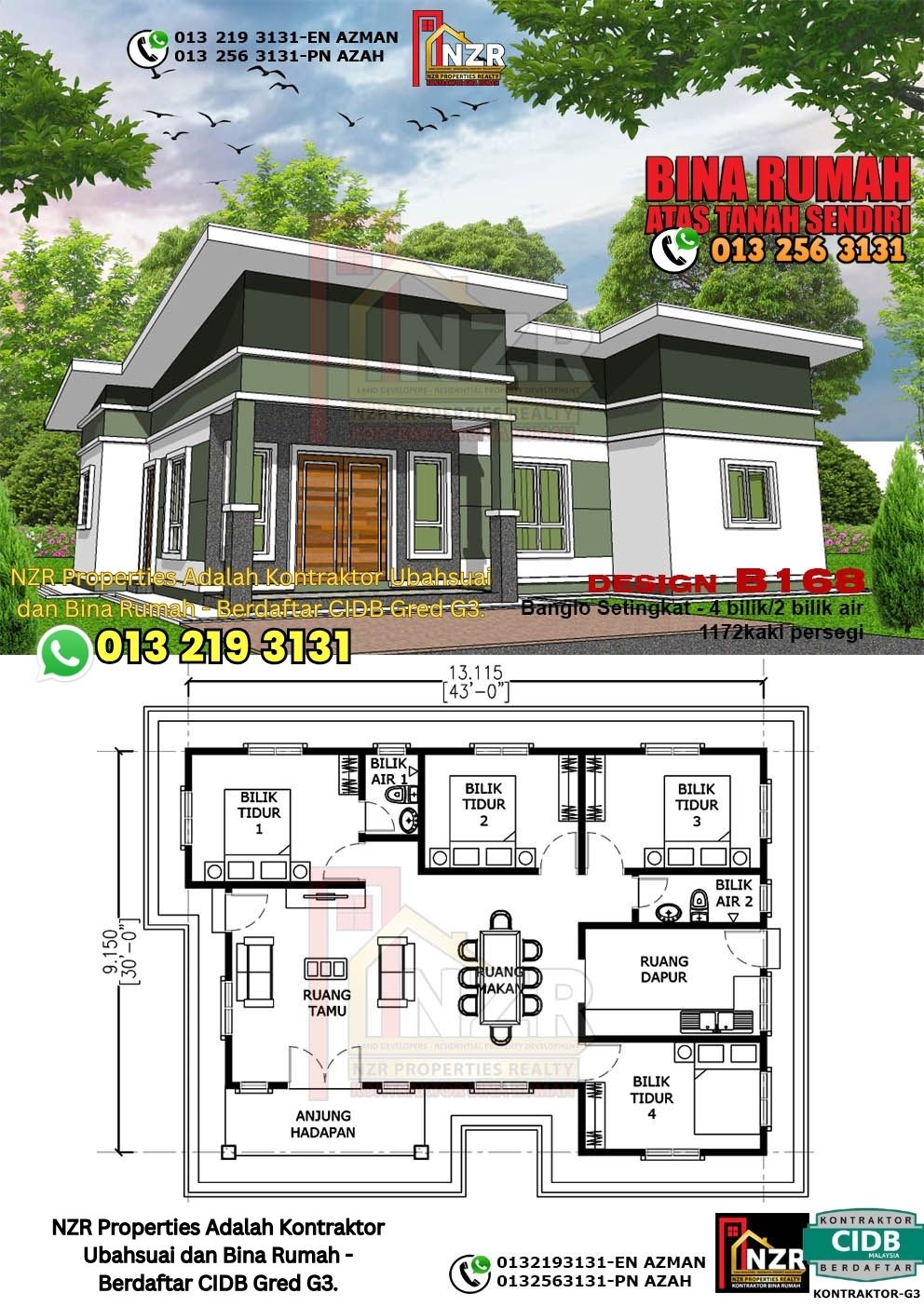Design 55-Kod B168-Banglo Setingkat - 4Bilik &2 Bilik Air-Size Rumah 1172kps