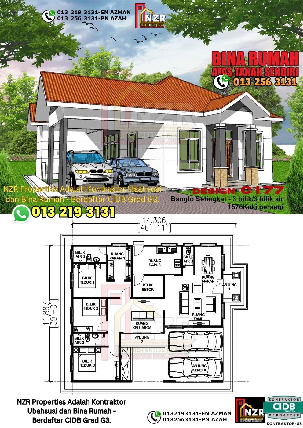 Design 58-Kod C177-Banglo Setingkat - 3Bilik &3 Bilik Air-Size Rumah 1576kps