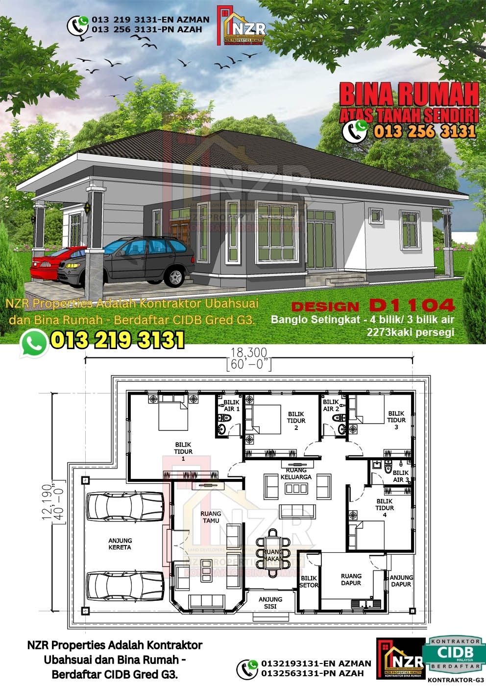 Design 58-Kod D1104-Banglo Setingkat - 4Bilik &3Bilik Air-Size Rumah 2273kps