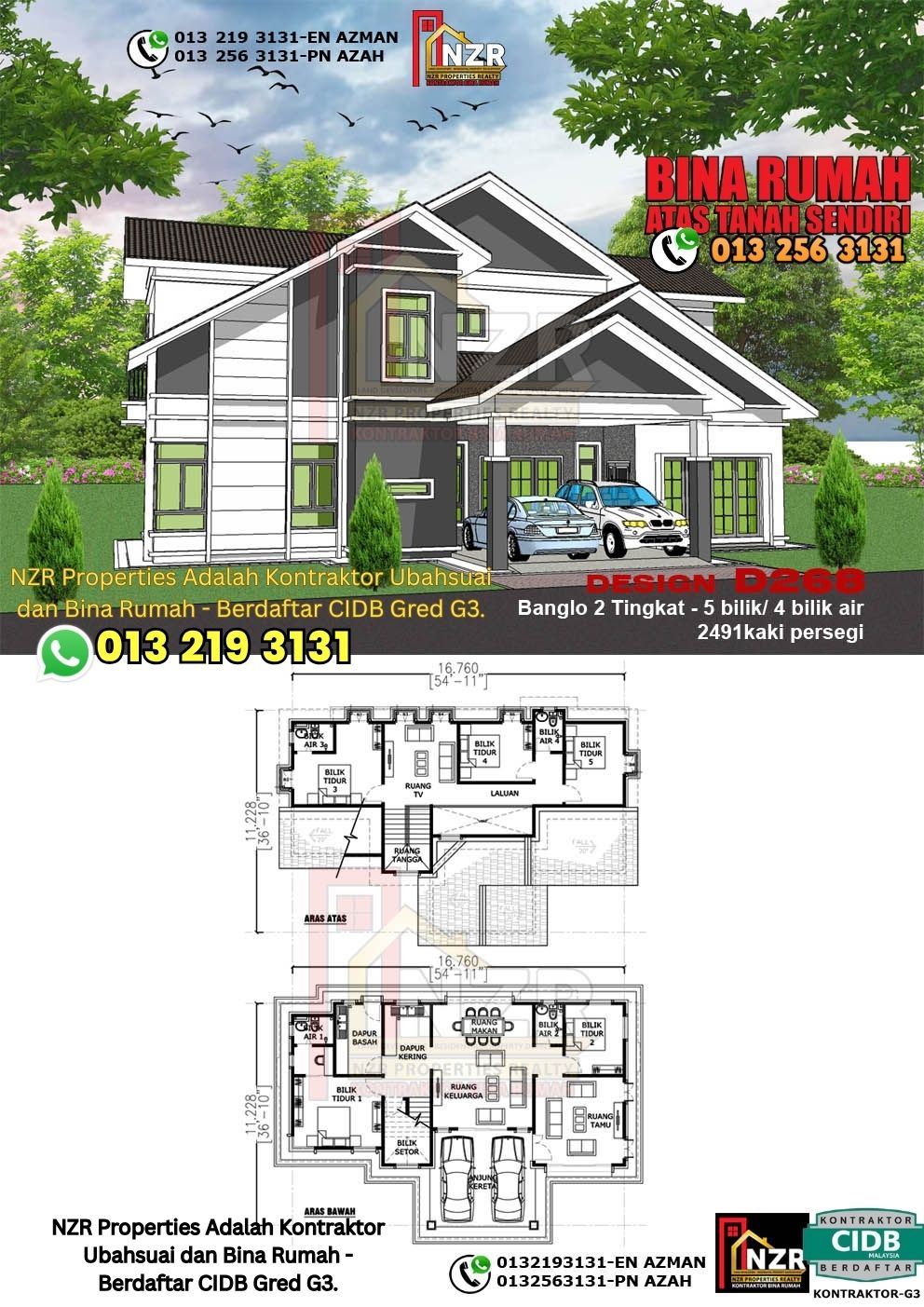 Design 58-Kod D268-Design Rumah Dua Tingkat -5Bilik &4Bilik Air-Size Rumah 2491kps