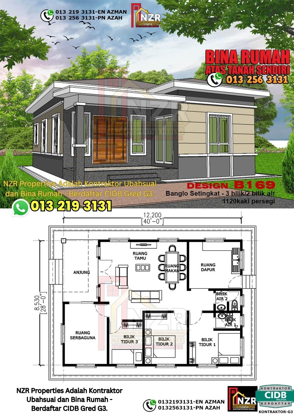 Design 56-Kod B169-Banglo Setingkat - 3Bilik &2 Bilik Air-Size Rumah 1120kps