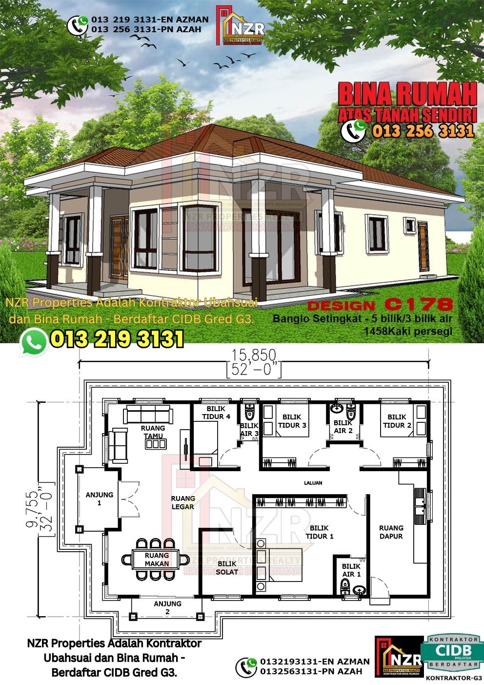 Design 59-Kod C178-Banglo Setingkat - 5Bilik &3 Bilik Air-Size Rumah 1458kps