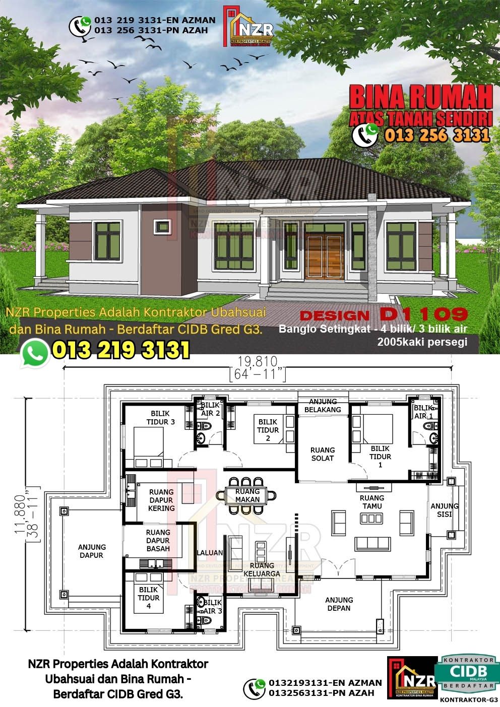 Design 59-Kod D1109-Banglo Setingkat - 4Bilik &3Bilik Air-Size Rumah 2005kps