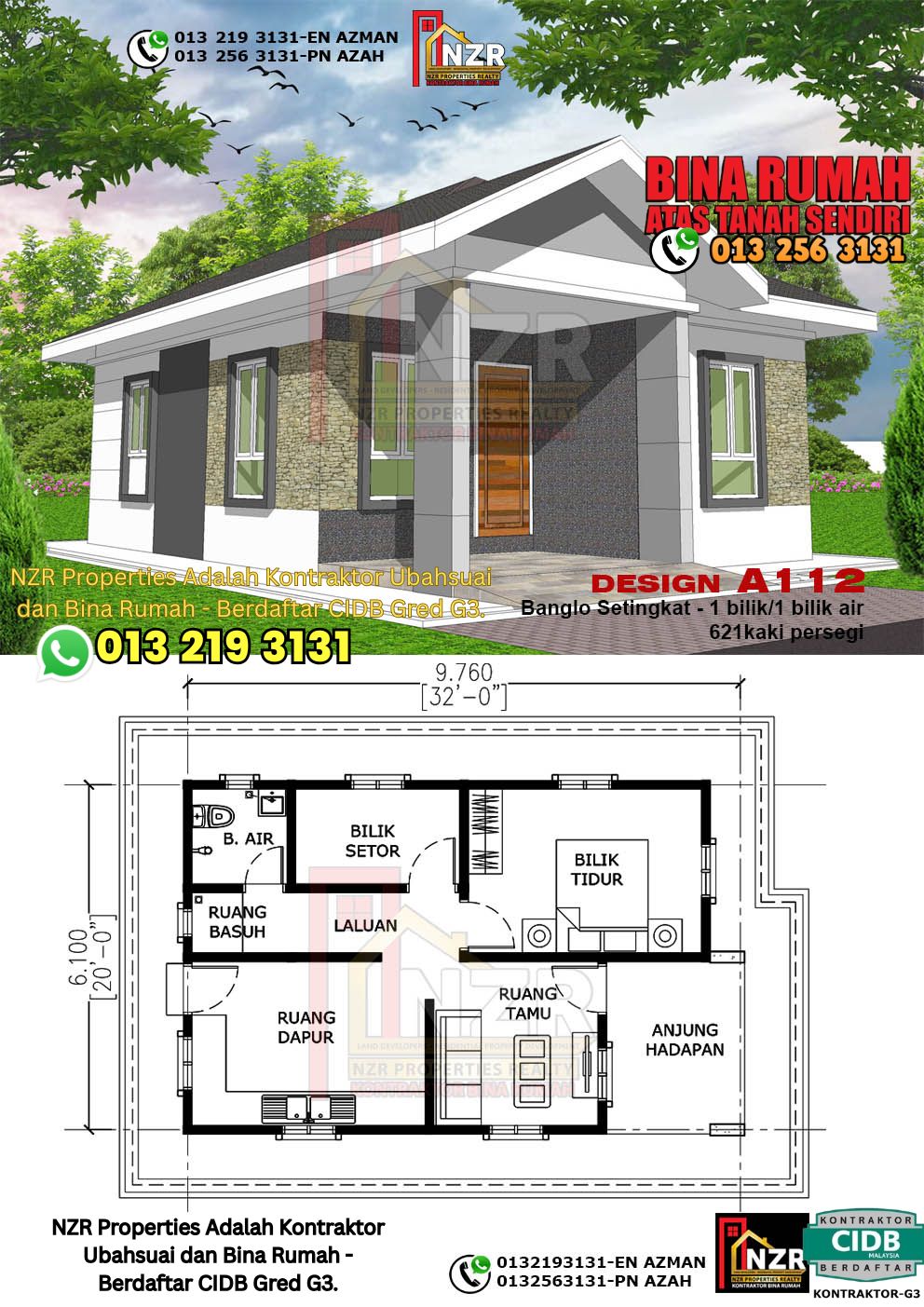 Design 6-Kod A112-Banglo Setingkat - 1 Bilik &1 Bilik Air-Size Rumah 621kps