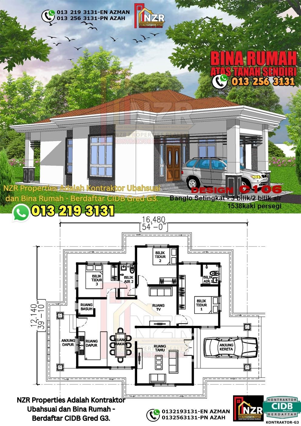 Design 6-Kod C106-Banglo Setingkat - 3Bilik &2 Bilik Air-Size Rumah 1538kps