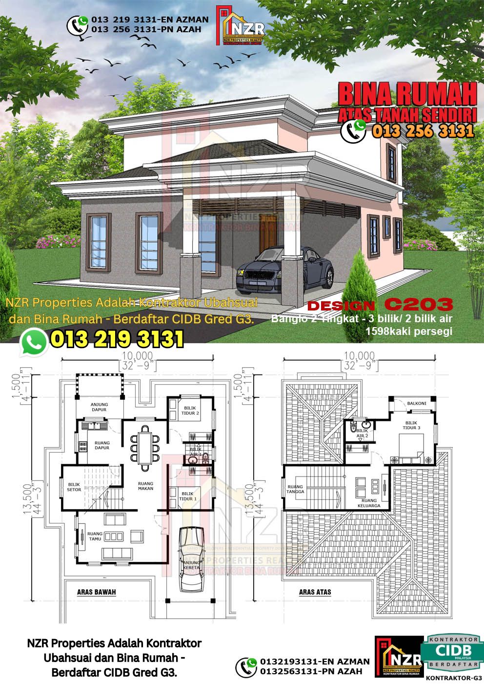 Design 6-Kod C203-Design Rumah Dua Tingkat -3Bilik &2Bilik Air-Size Rumah 1598kps