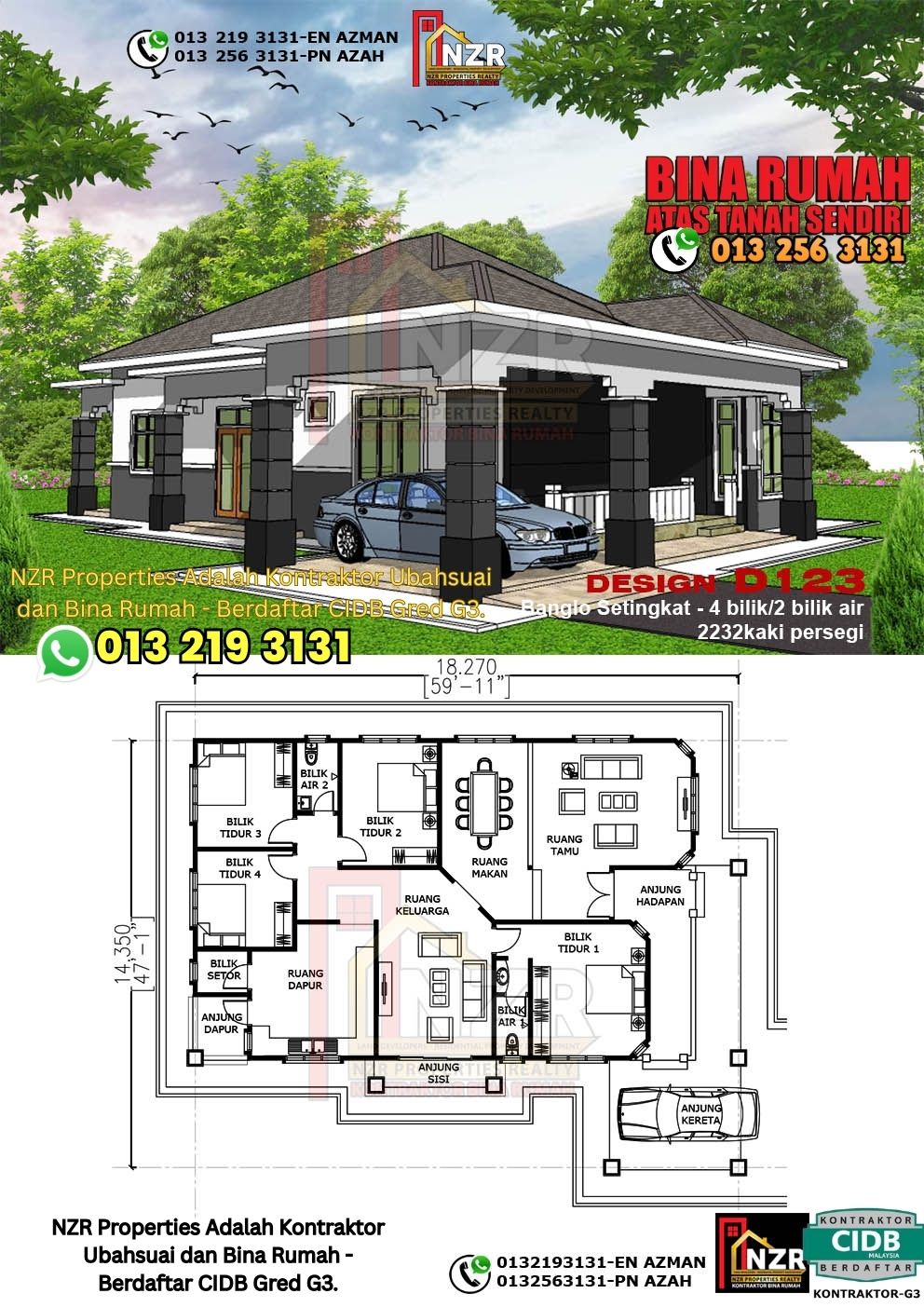 Design 6-Kod D123-Banglo Setingkat - 4Bilik &2 Bilik Air-Size Rumah 2232kps
