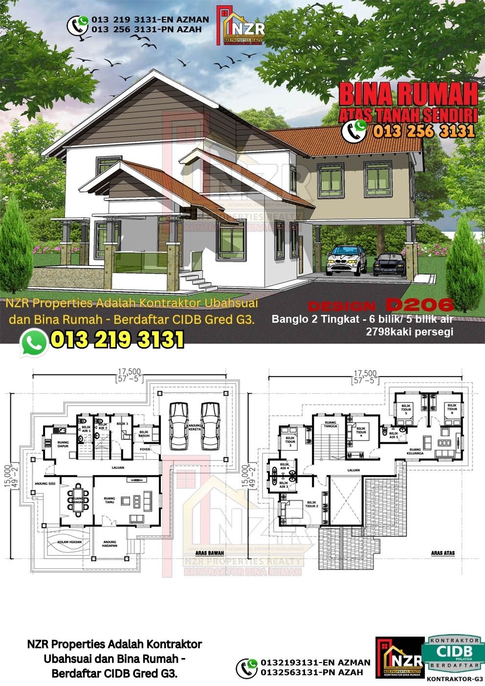 Design 6-Kod D206-Design Rumah Dua Tingkat -6 Bilik & 5 Bilik Air-Size Rumah 2798kps