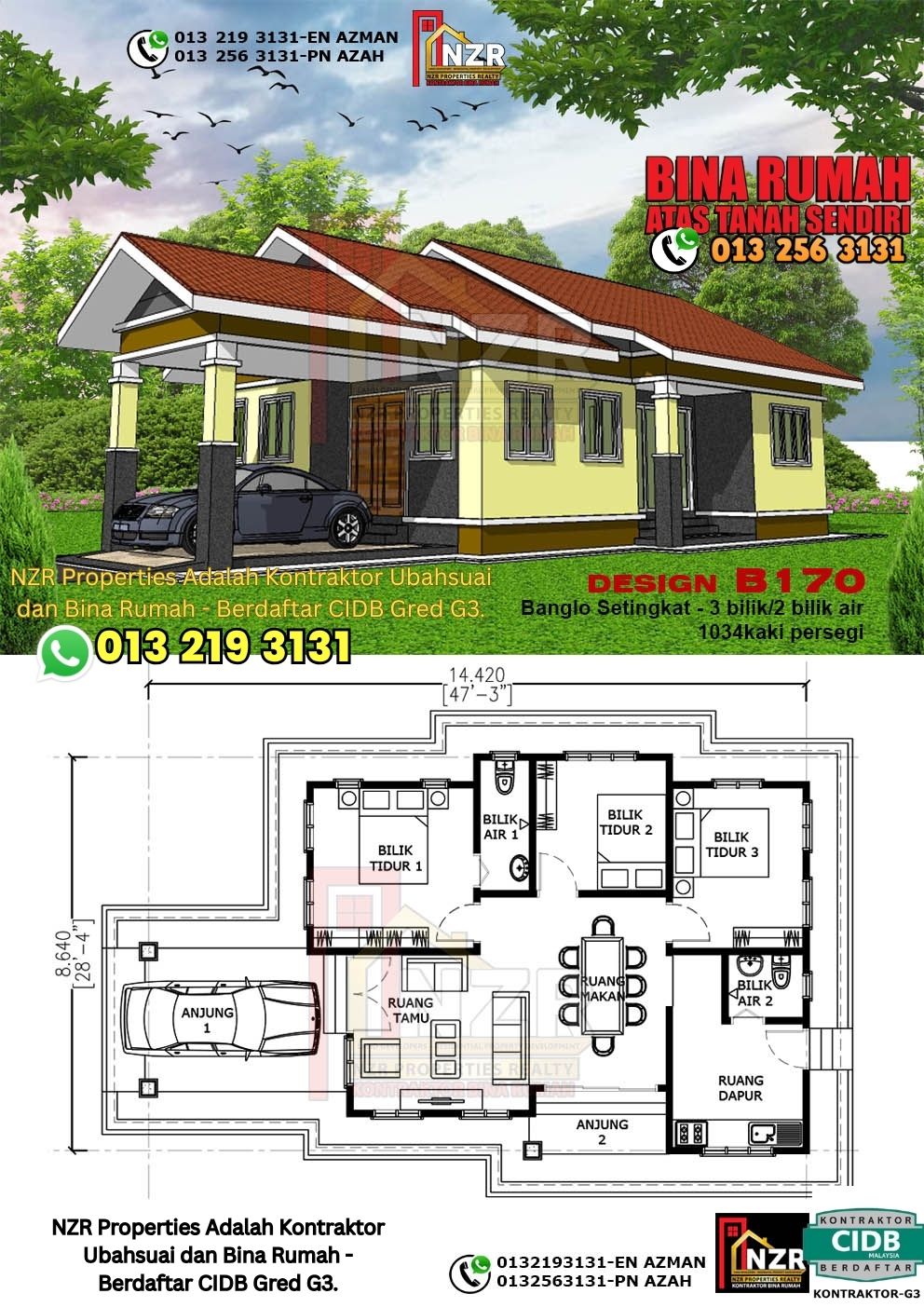 Design 57-Kod B170-Banglo Setingkat - 3Bilik &2 Bilik Air-Size Rumah 1034kps