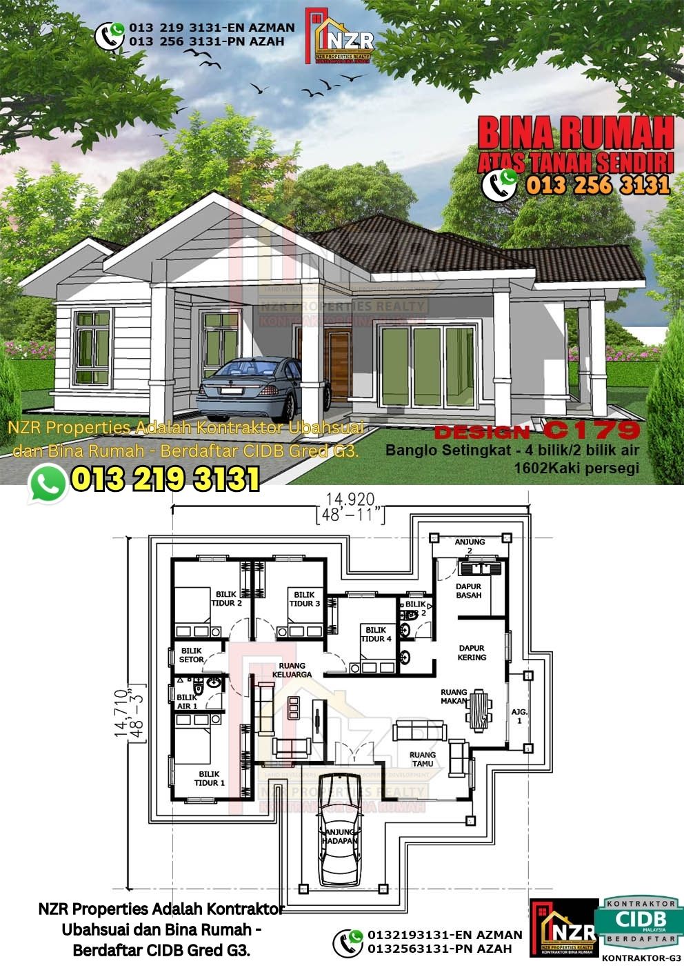 Design 60-Kod C179-Banglo Setingkat - 4Bilik &2 Bilik Air-Size Rumah 1602kps