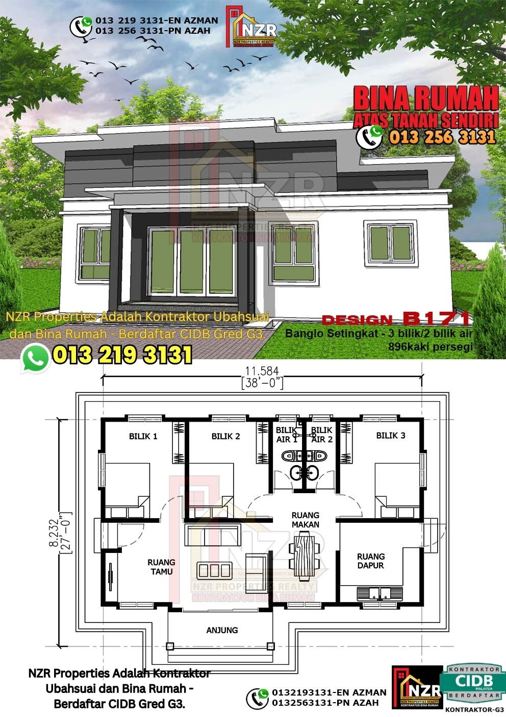 Design 58-Kod B171-Banglo Setingkat - 3Bilik &2 Bilik Air-Size Rumah 896kps