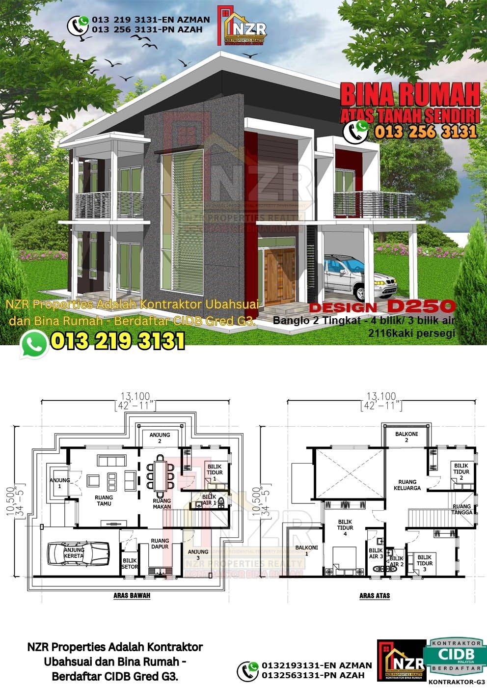Design 61-Kod D250-Design Rumah Dua Tingkat -4Bilik &3Bilik Air-Size Rumah 2116kps