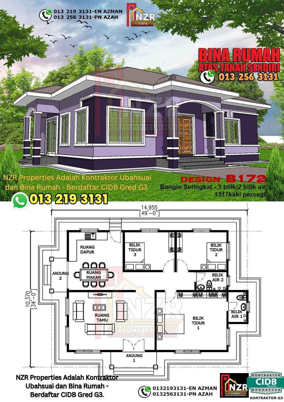 Design 59-Kod B172-Banglo Setingkat - 3Bilik &2 Bilik Air-Size Rumah 1317kps