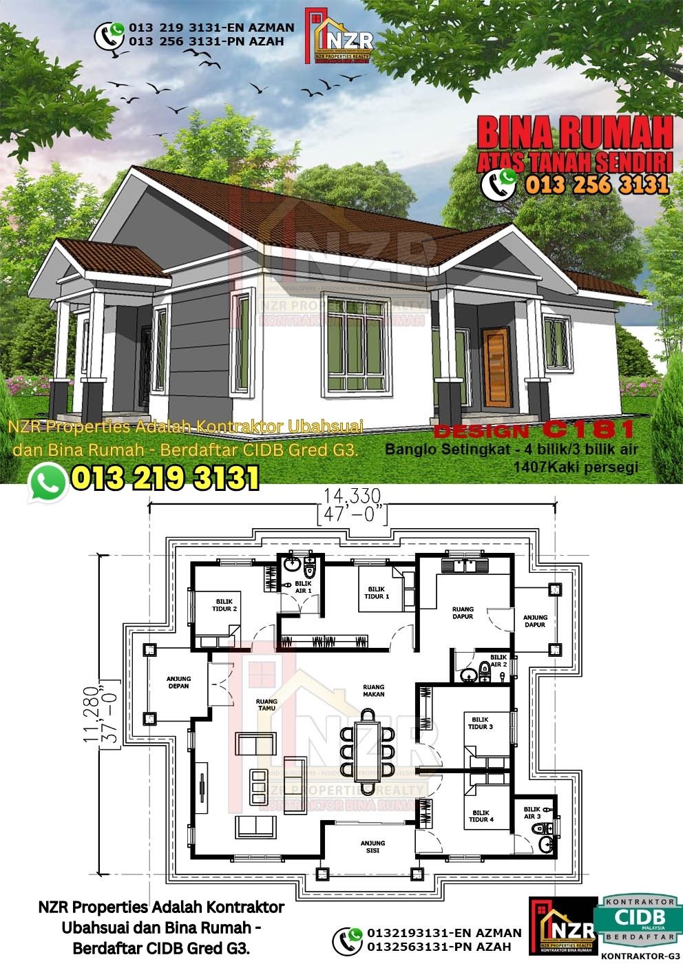 Design 62-Kod C181-Banglo Setingkat - 4Bilik &3 Bilik Air-Size Rumah 1407kps