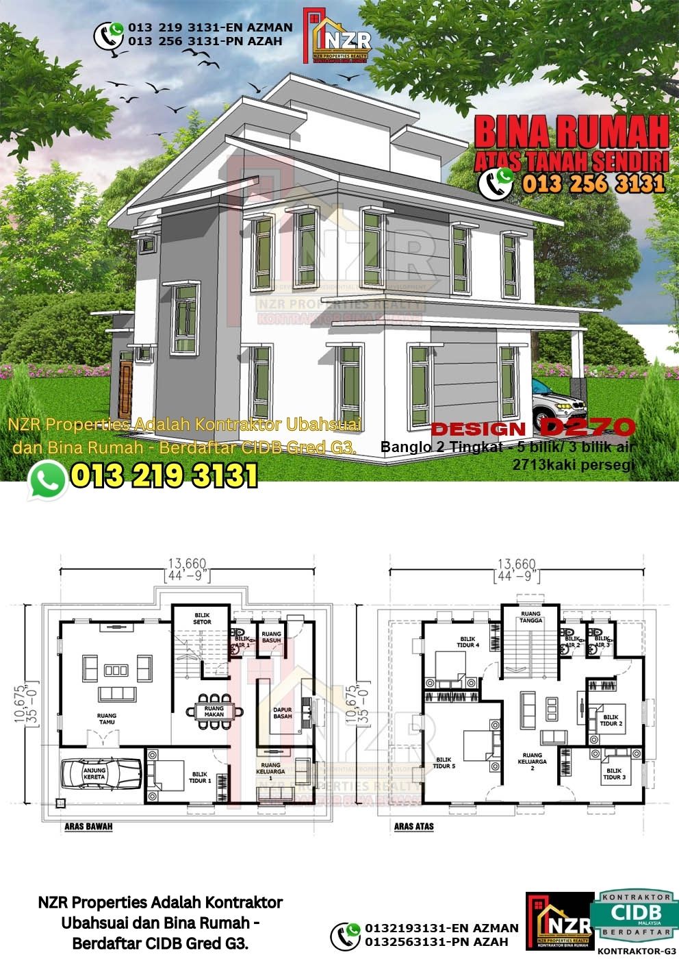 Design 62-Kod D270-Design Rumah Dua Tingkat -5Bilik &3Bilik Air-Size Rumah 2713kps