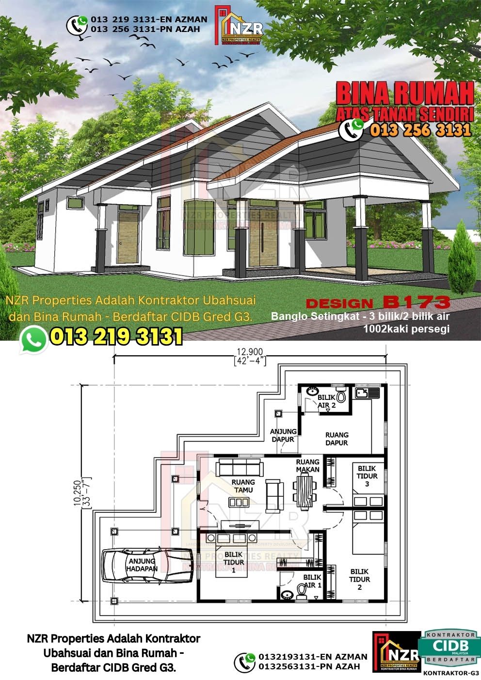 Design 60-Kod B173-Banglo Setingkat - 3Bilik &2 Bilik Air-Size Rumah 1002kps