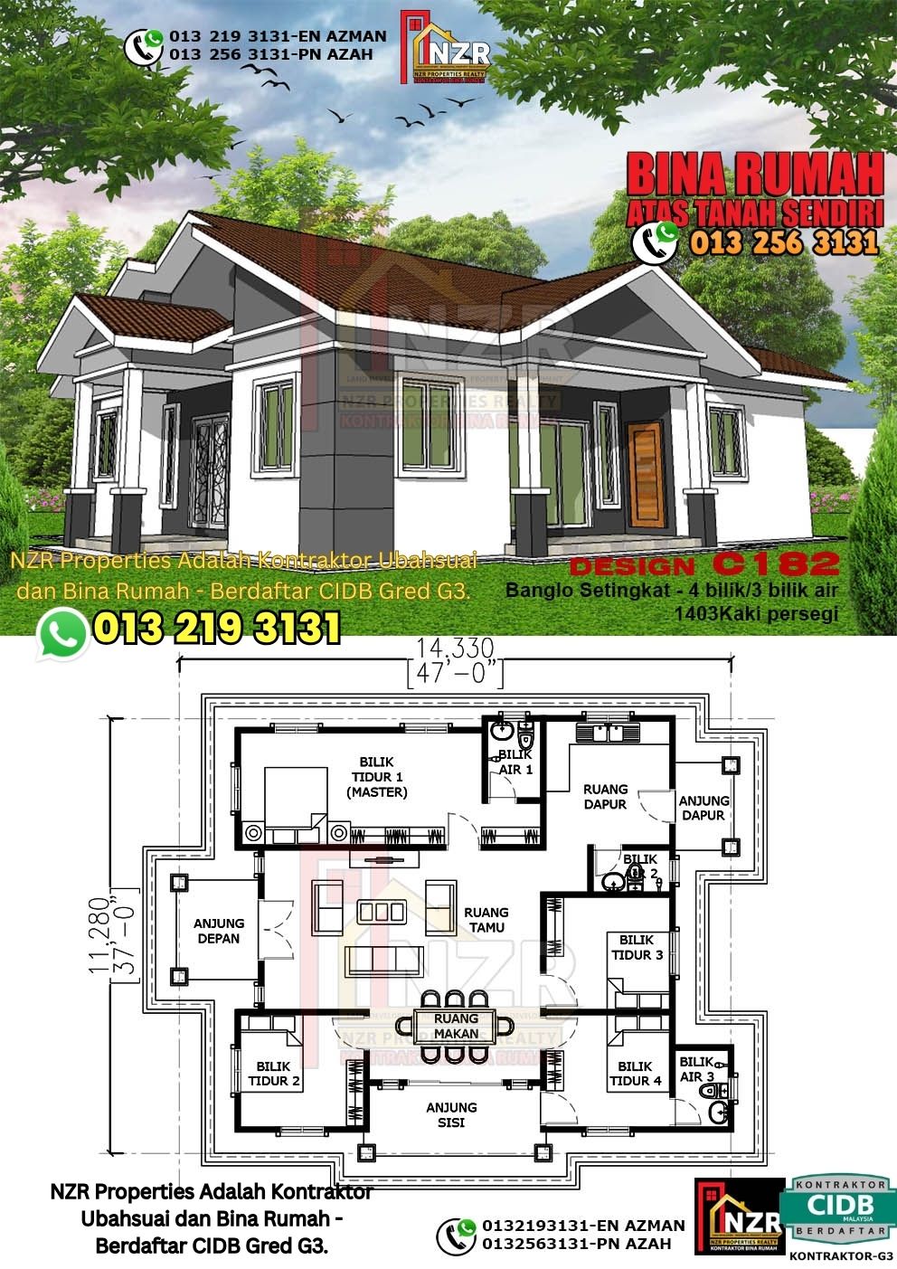 Design 63-Kod C182-Banglo Setingkat - 4Bilik &3 Bilik Air-Size Rumah 1403kps