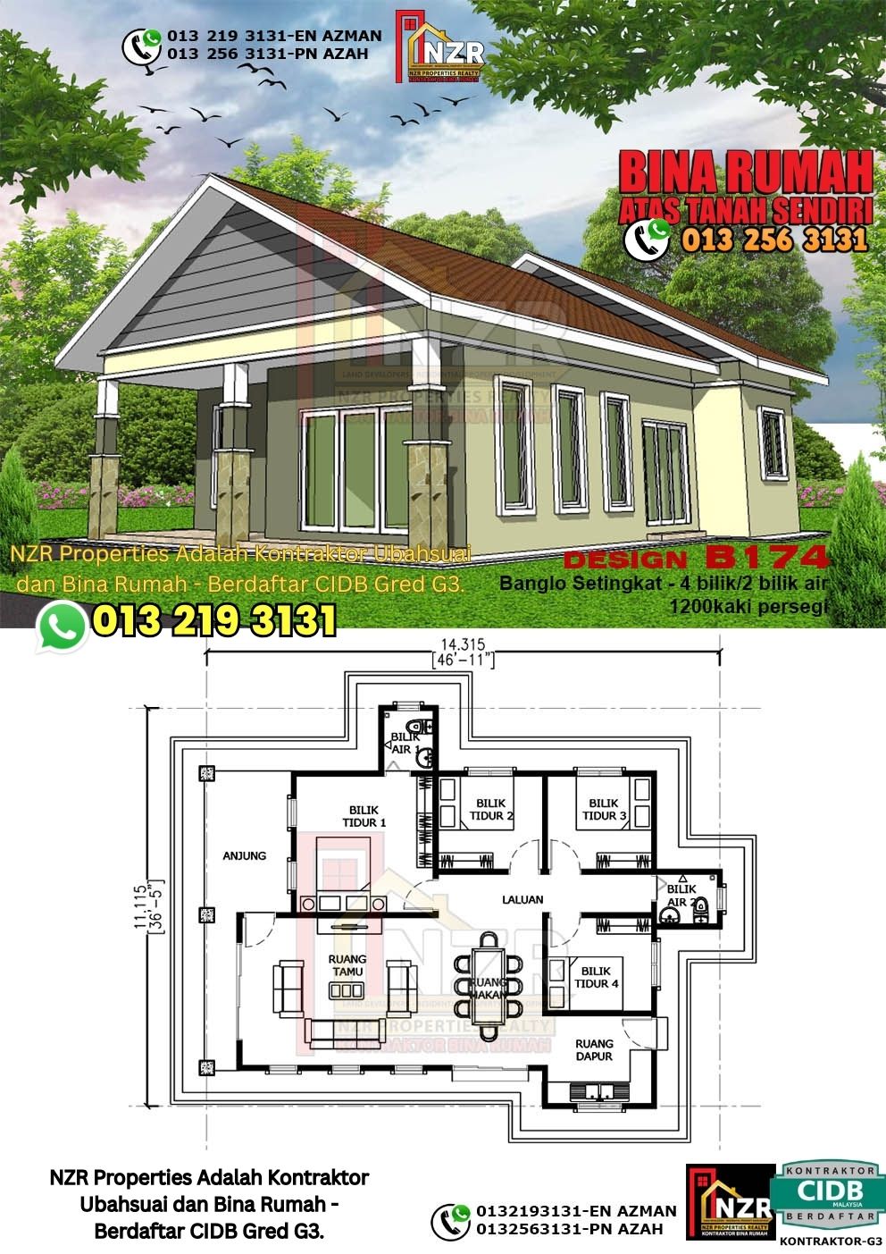 Design 61-Kod B174-Banglo Setingkat - 4Bilik &2 Bilik Air-Size Rumah 1200kps