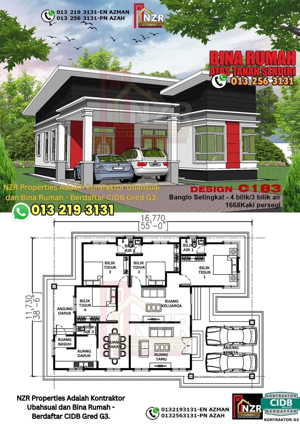 Design 64-Kod C183-Banglo Setingkat - 4Bilik &3 Bilik Air-Size Rumah 1668kps