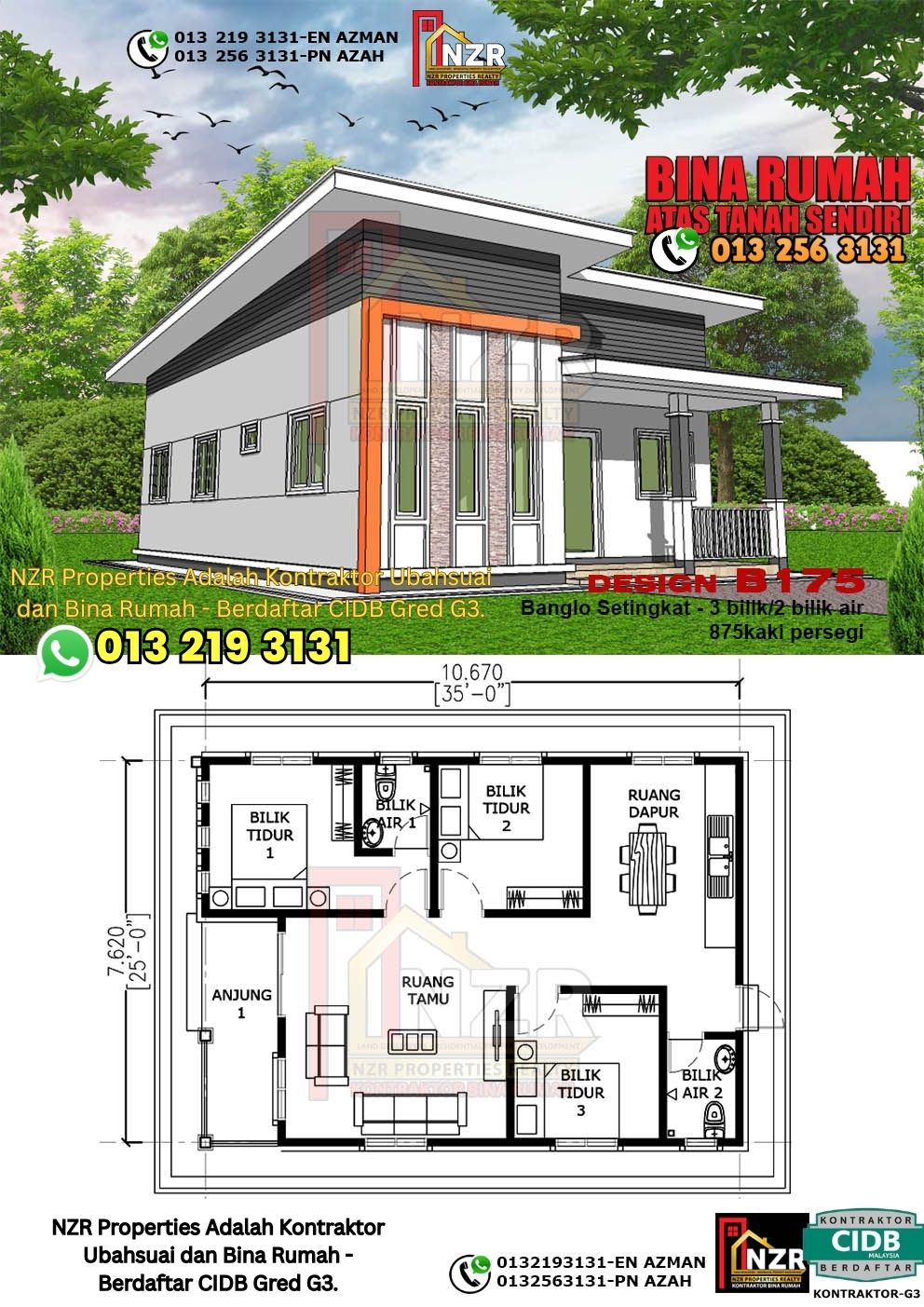 Design 62-Kod B175-Banglo Setingkat - 3Bilik &2 Bilik Air-Size Rumah 875kps